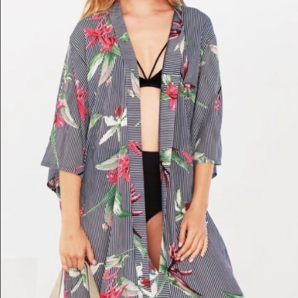 Tropical Floral Striped Kimono Swim Coverup Top - Picture 2 of 5